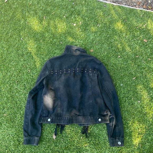 Black Denim Gromet Grunge Jean Jacket Love Tree - Picture 7 of 8